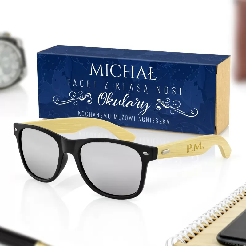 czarne okulary przeciwsłoneczne w pudełku z obwolutą na prezent dla męża