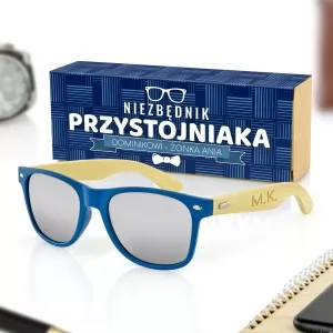 niebieskie okulary przeciwsłoneczne i pudełko w obwolucie na prezent dla męża na urodziny