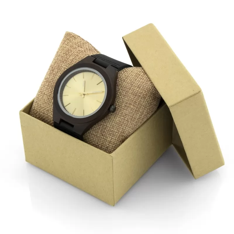 drewniany zegarek na poduszeczce w pudełku prezentowym na prezent dla żony na imieniny