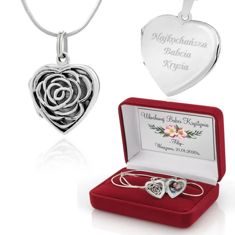 srebrny sekretnik w kształcie serca z personalizacją i pudełkiem na prezent dla babci