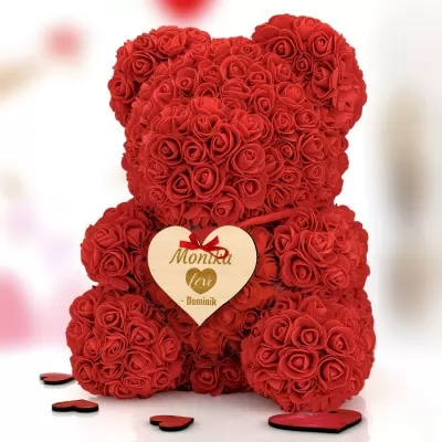 Miś z róż z sercem i nadrukiem imion (wysokość 40 cm) - Miłość