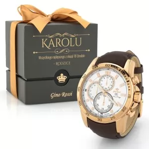 Zegarek na rękę Gino Rossi męski brązowy z dużą kopertą i pudełkiem z nadrukiem na urodziny