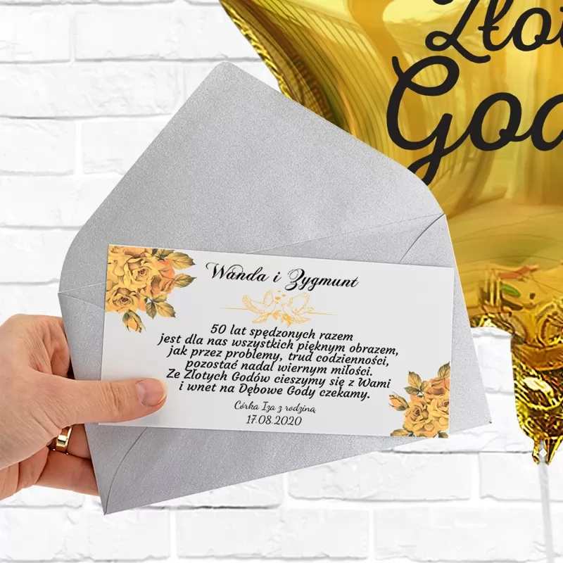 Balon na 50 rocznicę ślubu z bilecikiem z personalizowanymi życzeniami