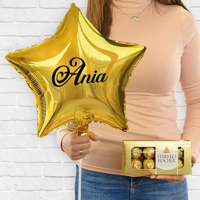 Balon z nadrukiem imienia z helem i czekoladkami na prezent dla kobiety