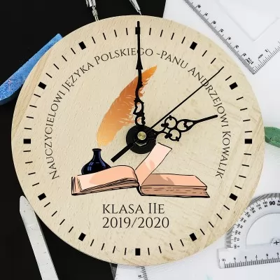 Zegar drewniany z nadrukiem dla nauczyciela - Język Polski