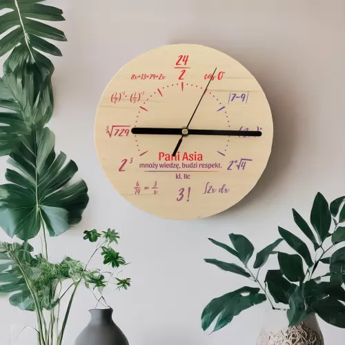 Zegar drewniany z nadrukiem dla nauczyciela - Mnożyć wiedzę