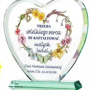 statuetka serce szklane dla nauczycielki z nadrukiem na zakończenie roku