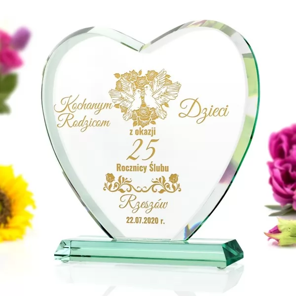  Szklane serce z grawerem na 25 rocznicę ślubu - Srebrna rocznica