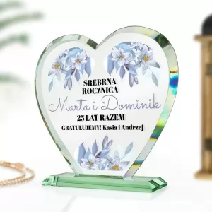 szklane kryształowe serce z nadrukie na srebrną rocznicę ślubu 