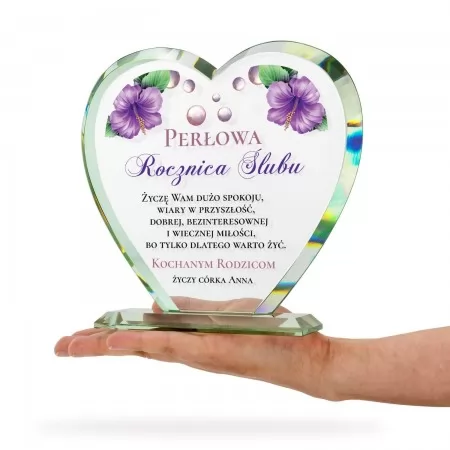 Szklana statuetka serce na 30 rocznicę ślubu dla rodziców - Perłowe lata
