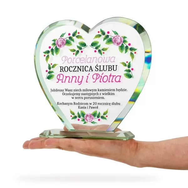 Szklane serce z nadrukiem na 20 rocznicę ślubu - Porcelanowa