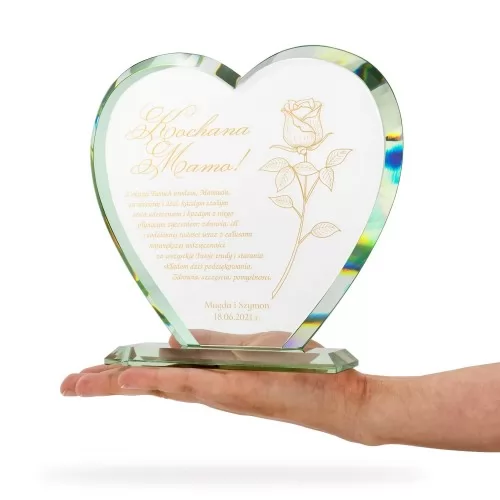 Szklana statuetka serce z grawerem - Złota róża 