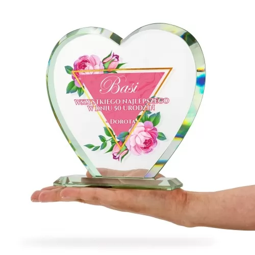 Kryształowe serce z nadrukiem w dniu 50 urodzin - Piękne róże 