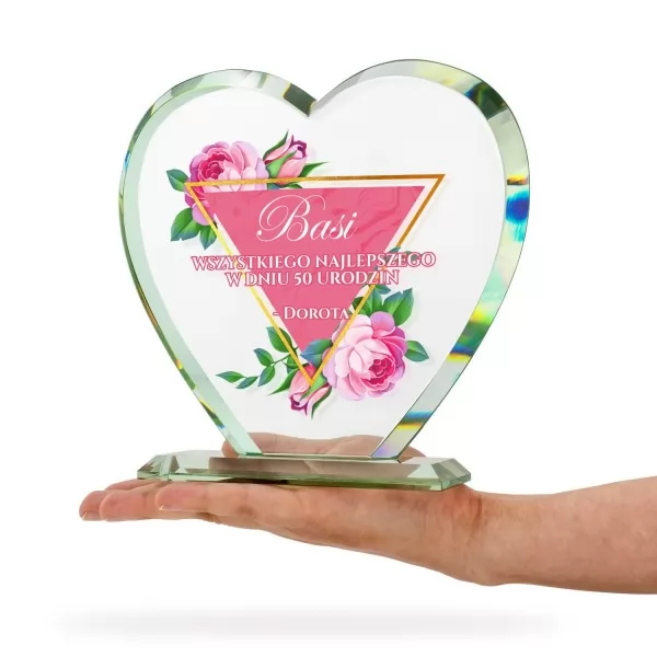 Kryształowe serce z nadrukiem w dniu 50 urodzin - Piękne róże 
