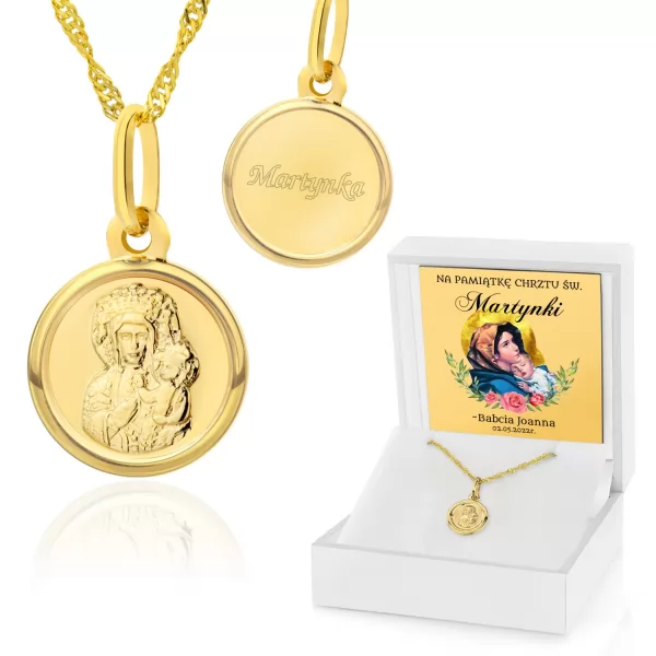 Złoty medalik pr. 585 na chrzest dla dziewczynki - Madonna z Dzieciątkiem 