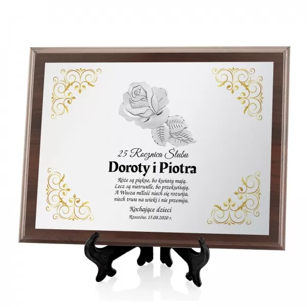 Certyfikat na 25 rocznicę ślubu z emblematem róży - Dla rodziców