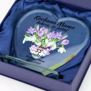 szklane serce z nadrukiem personalizacji w eleganckim pudełku 