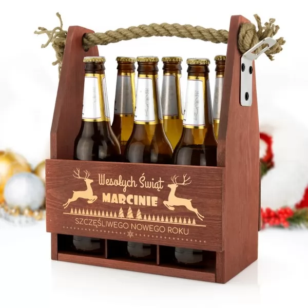 Drewniana skrzynka na piwo z otwieraczem dla niego na święta - Renifery