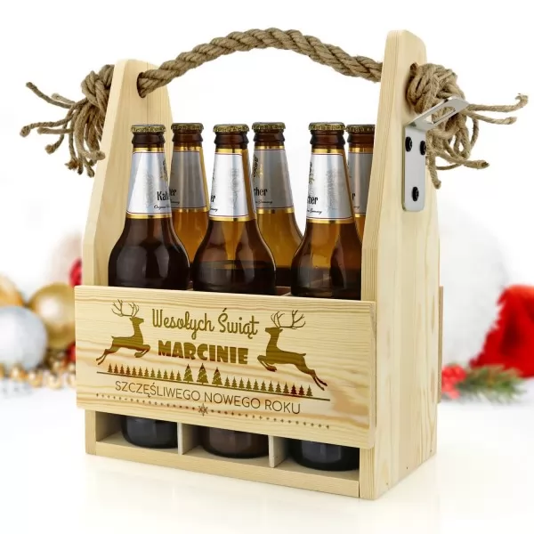 Drewniana skrzynka na piwa z grawerem dla niego na święta - Wesołe Święta