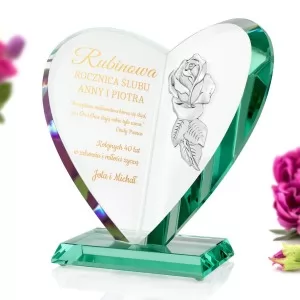 szklana statuetka serce z grawerem i różą