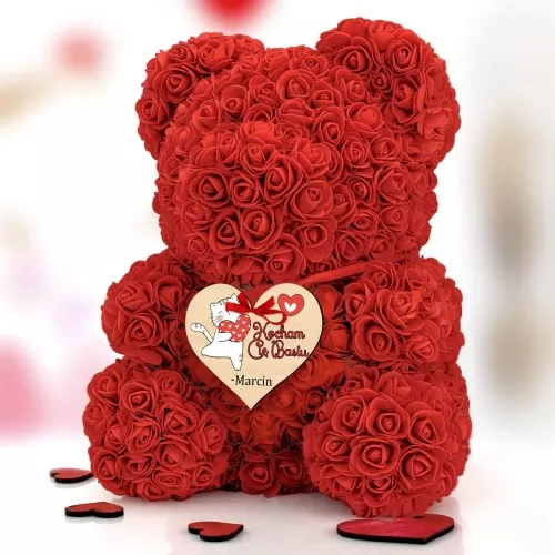 Miś z róż z sercem (wysokość 40 cm) na walentynki - Serce