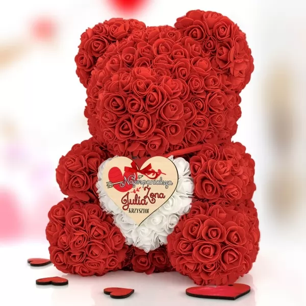 Czerwony miś z róż z sercem (wysokość 40 cm) na walentynki - Wspaniała żona