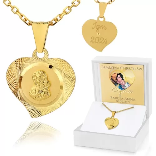 Pozłacany medalik Matka Boska pr. 925 z grawerem na chrzest - Złote serce