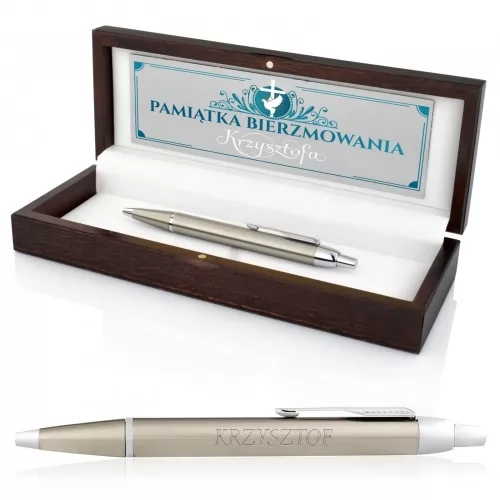 Długopis Parker IM Brushed w drewnianym etui na bierzmowanie - Biały gołąb