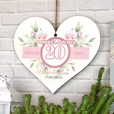 Tabliczka serce z nadrukiem na 20 rocznicę ślubu - Porcelanowa