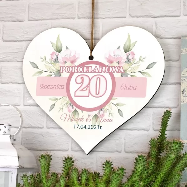 Tabliczka serce z nadrukiem na 20 rocznicę ślubu - Porcelanowa1