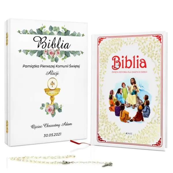 Biblia dla dzieci w szkatułce z nadrukiem na komunię - Chrześnica 