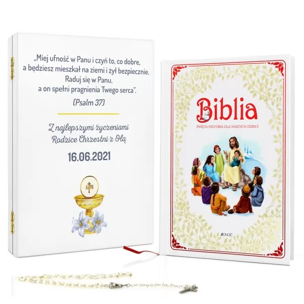 Biblia dla dzieci w szkatułce z nadrukiem na komunię - Raduj się