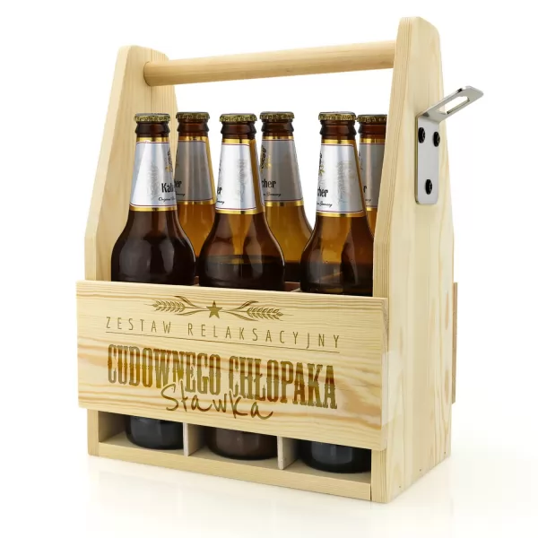 Drewniana skrzynka na piwo z otwieraczem dla chłopaka - Zestaw relaksacyjny