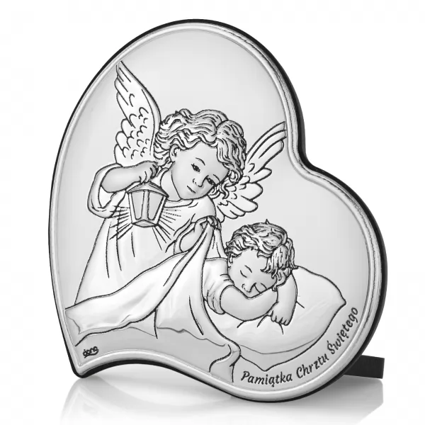 Srebrny obrazek na chrzest z nadrukiem dla chłopca - Anioł Stróż