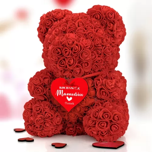 Miś z róż z sercem (wysokość 40 cm) na dzień mamy - Matczyna miłość