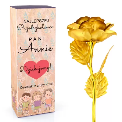 Złota róża w pudełku z nadrukiem dla nauczycielki przedszkola - Maluchy