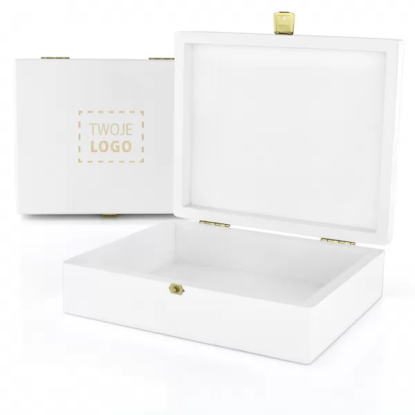 Biała szkatułka drewniana z grawerem logo (20 x 17 x 6 cm) - Uznanie