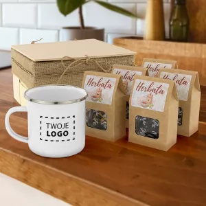 Kubek emaliowany z logo i zestaw herbat - Czas na herbatę