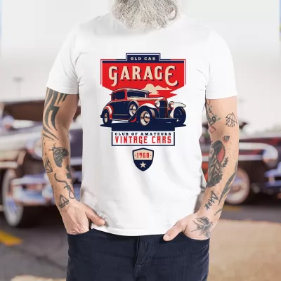 Koszulka z nadrukiem dla miłośnika motoryzacji Rozmiar M - Old car garage