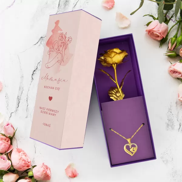 Złota róża w pudełku i naszyjnik pozłacany z cyrkoniami - Macierzyństwo