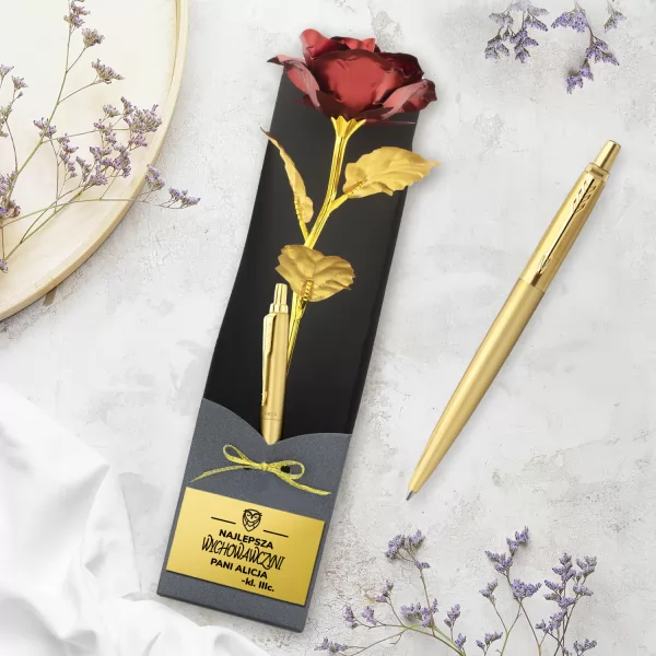 Wieczna róża i długopis Parker Jotter gold dla nauczycielki - Wychowawczyni