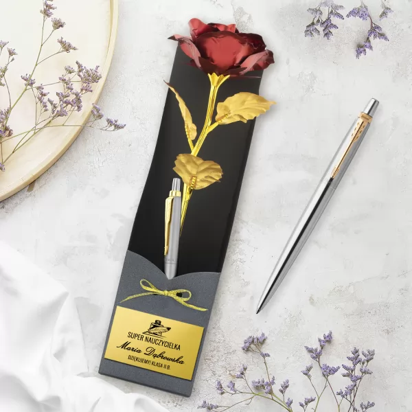 Wieczna róża i długopis Parker Jotter GT dla nauczycielki - Kaligrafia