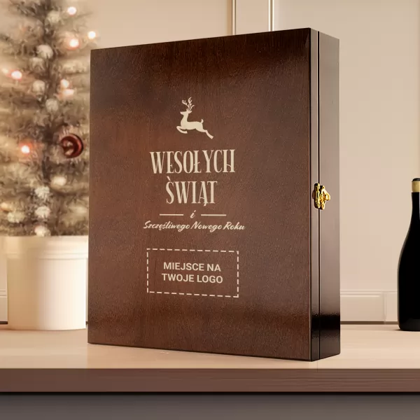 Skrzynka na wino drewniana z grawerem logo - Świąteczny toast