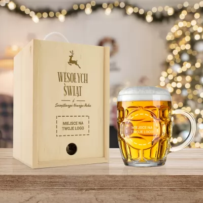 Kufel do piwa w skrzynce z grawerem logo - Świąteczny toast