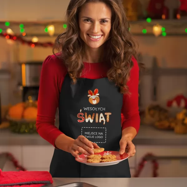 Fartuch kuchenny damski z nadrukiem logo czarny - Świąteczne wypieki
