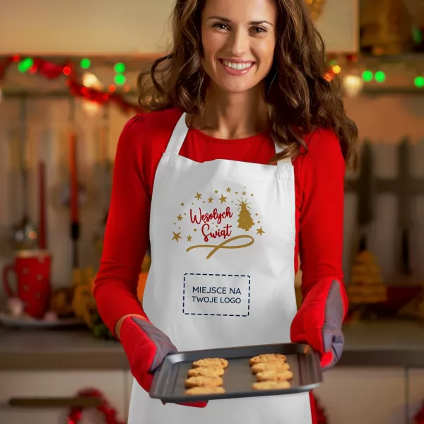Fartuch kuchenny damski z nadrukiem logo biały - Apetyt na Święta