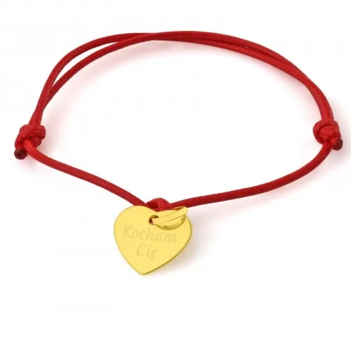Sznurkowa bransoletka z zawieszką pozłacane serce - różne kolory + grawer 