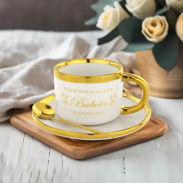 Filiżanka do kawy ze spodkiem i złotą łyżeczką dla babci - Filigranowa