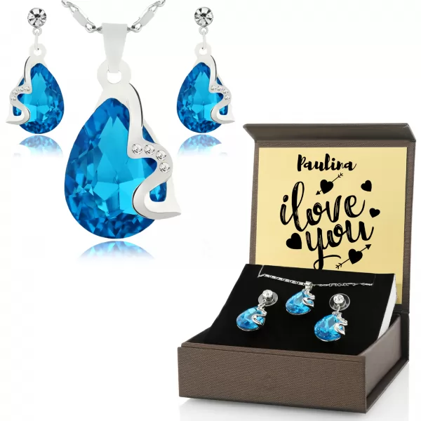 Komplet biżuterii damskiej z niebieskimi kryształami dla niej - I love you