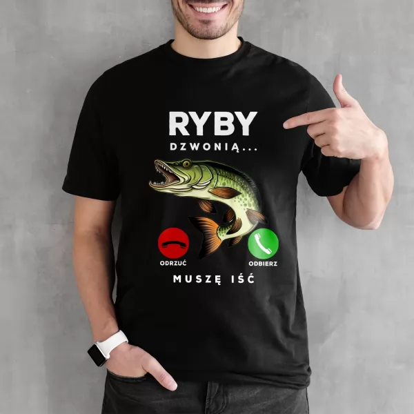 Koszulka męska z nadrukiem dla wędkarza Rozmiar XL - Ryby dzwonią